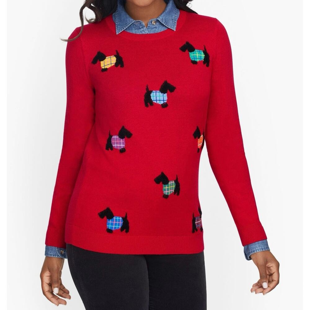 Talbots XL Red 3D Scottie Dogs Novelty Knit Crewneck Sweater 5% Cashmere Light